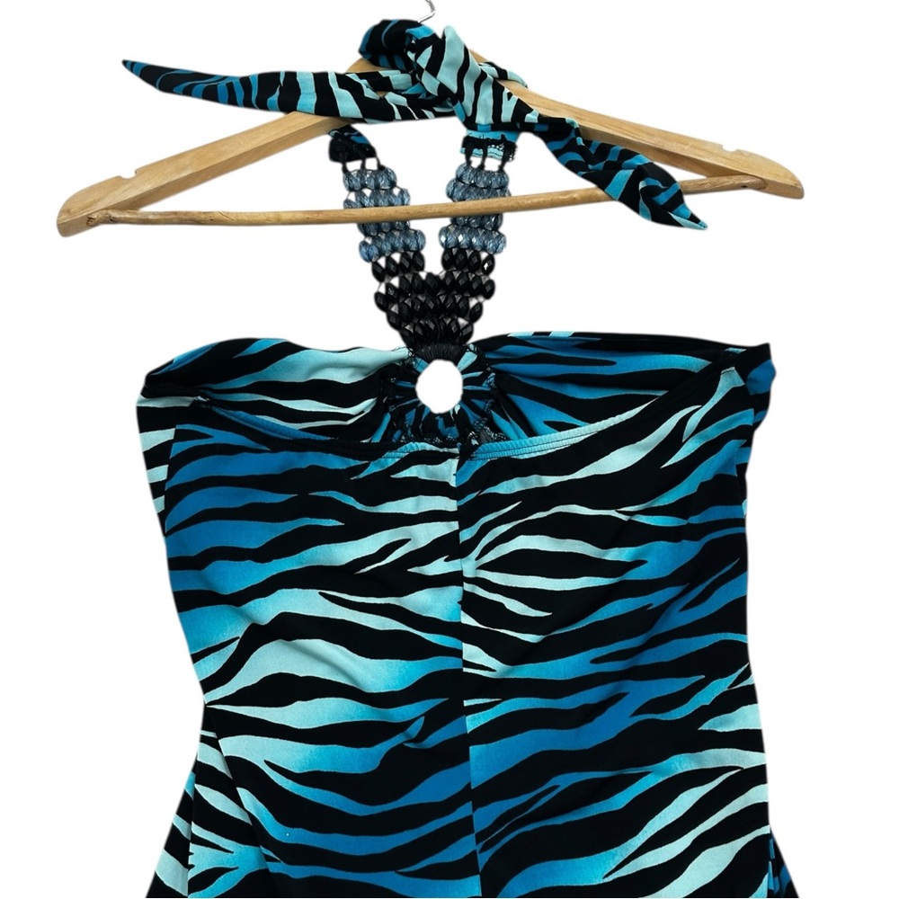 Fresh of LA Blue Zebra Pattern Halter Maxi Dress Beaded Straps - Picture 8 of 9